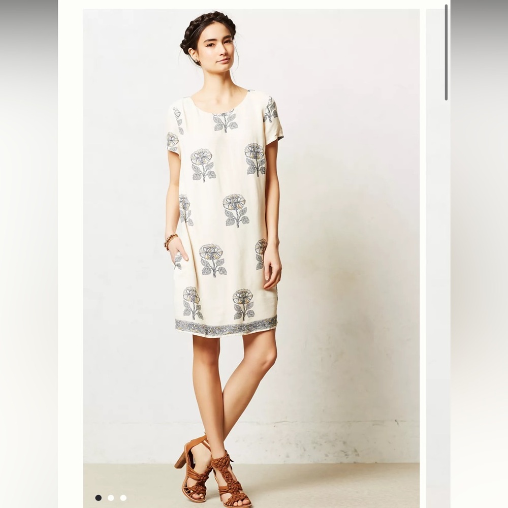 Maeve White Shift Dress with Gray & Yellow Floral Motif - Picture 2 of 14